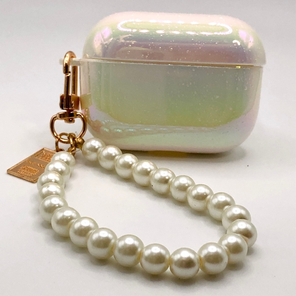 Earphone case, rainbow holographic with faux pearl wristlet, Fits AirPod Pros